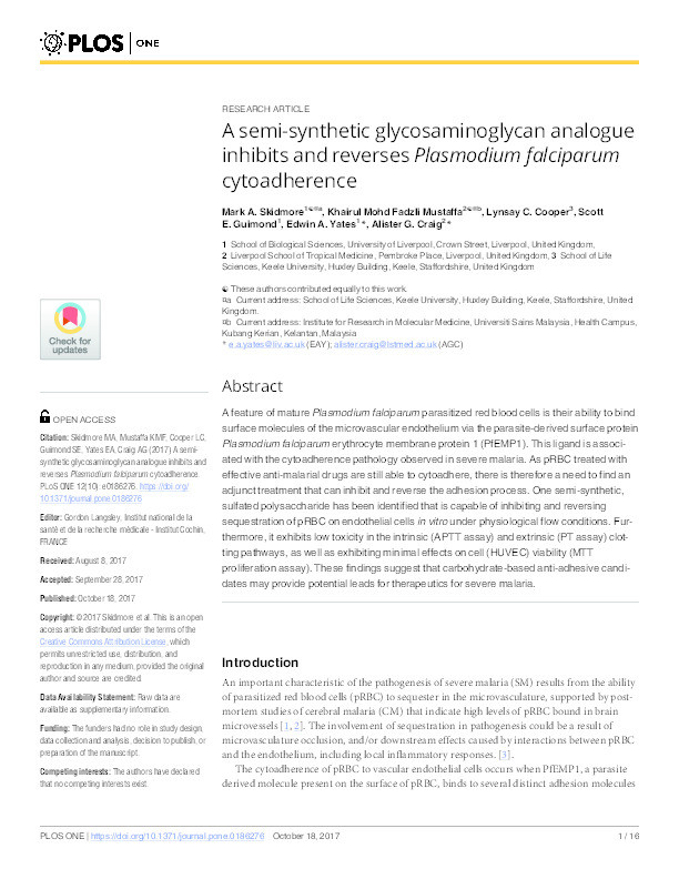 A semi-synthetic glycosaminoglycan analogue inhibits and reverses Plasmodium falciparum cytoadherence Thumbnail
