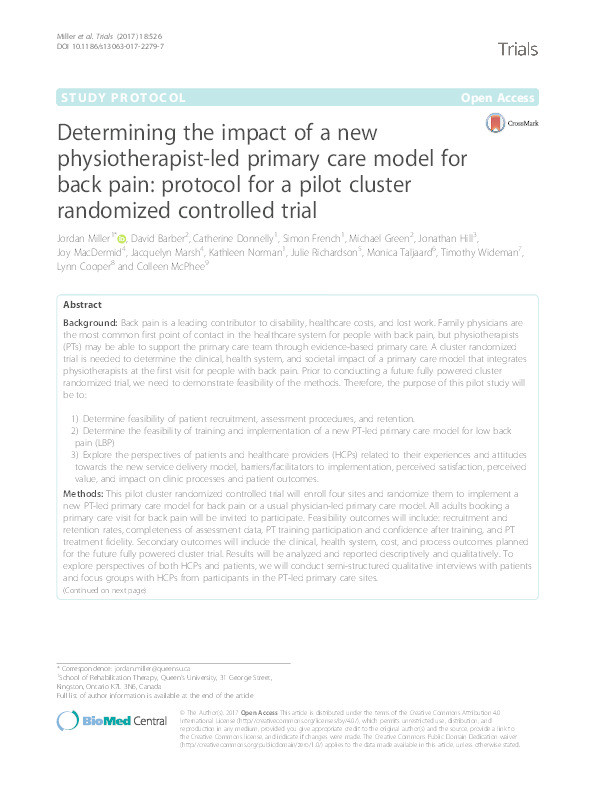 Determining the impact of a new physiotherapist-led primary care model for back pain: protocol for a pilot cluster randomized controlled trial Thumbnail