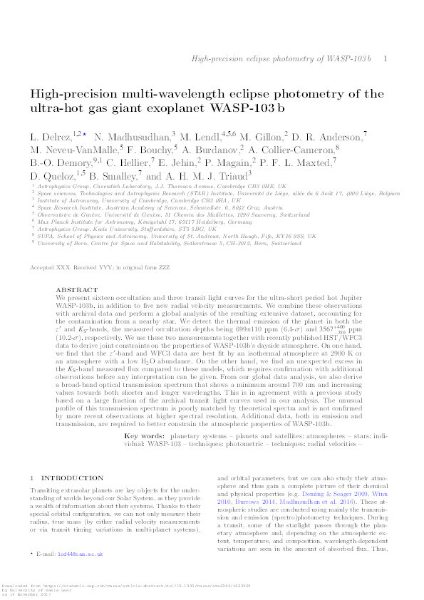 High-precision multi-wavelength eclipse photometry of the ultra-hot gas giant exoplanet WASP-103 b Thumbnail