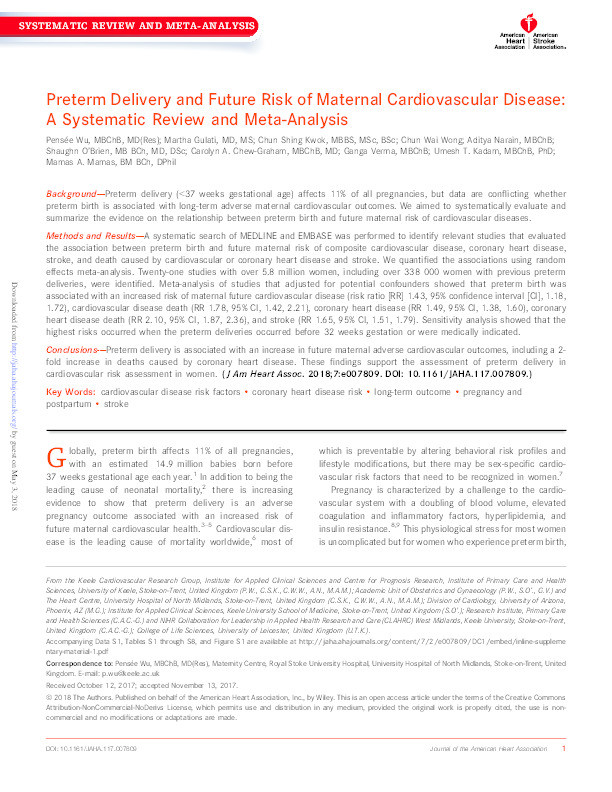 Preterm Delivery and Future Risk of Maternal Cardiovascular Disease: A Systematic Review and Meta-Analysis Thumbnail