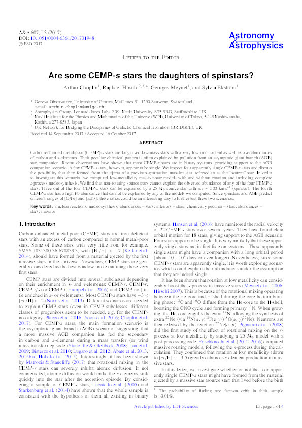 Are some CEMP-s stars the daughters of spinstars? Thumbnail