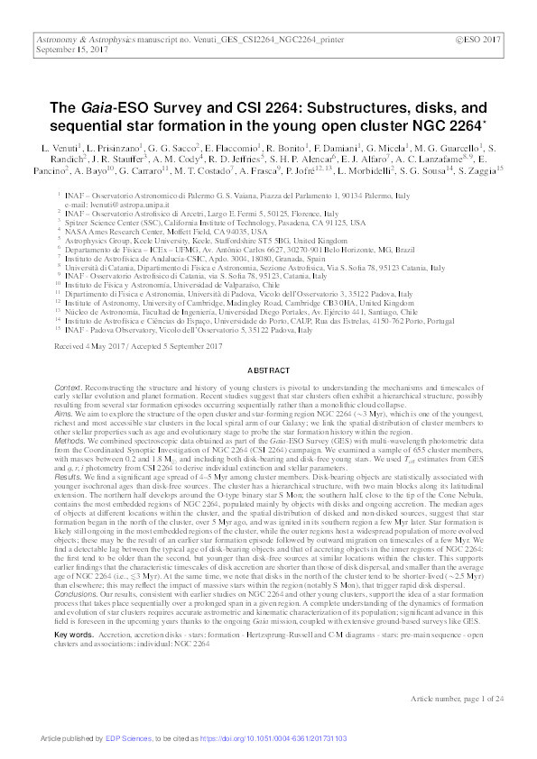 The Gaia-ESO Survey and CSI 2264: Substructures, disks, and sequential star formation in the young open cluster NGC 2264 Thumbnail