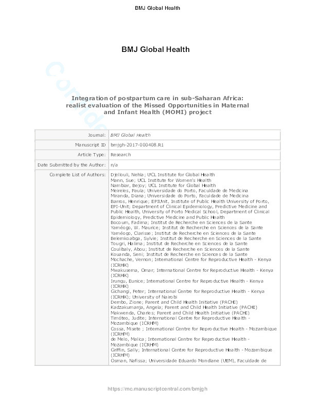 Improving postpartum care delivery and uptake by implementing context specific interventions in four countries in Africa: a realist evaluation of the Missed Opportunities in Maternal and Infant Health (MOMI) project Thumbnail