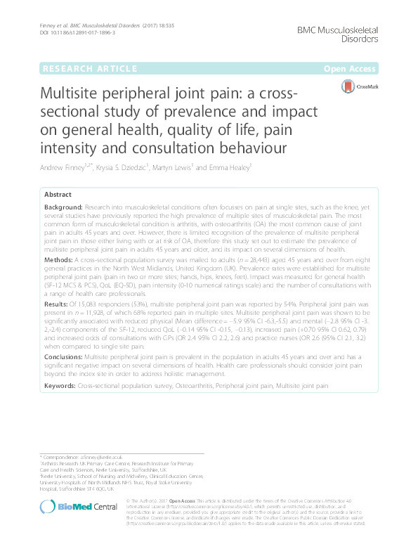 Multisite peripheral joint pain: a cross-sectional study of prevalence and impact on general health, quality of life, pain intensity and consultation behaviour Thumbnail