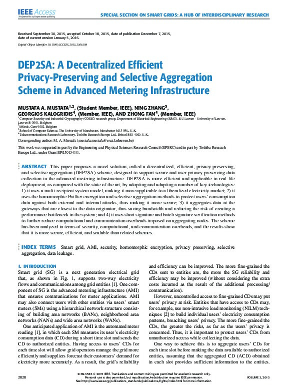 DEP2SA: A Decentralized Efficient Privacy-Preserving and Selective Aggregation Scheme in Advanced Metering Infrastructure Thumbnail