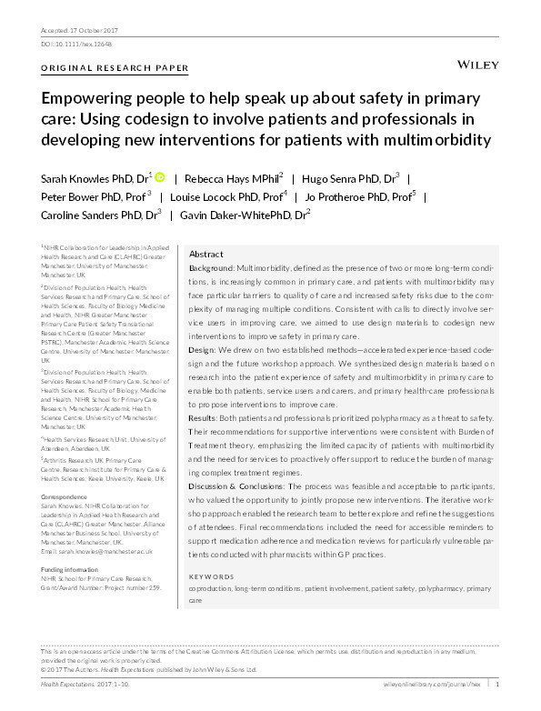Empowering people to help speak up about safety in primary care: Using codesign to involve patients and professionals in developing new interventions for patients with multimorbidity Thumbnail