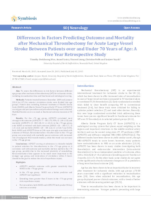 Differences in Factors Predicting Outcome and Mortality after Mechanical Thrombectomy for Acute Large Vessel Stroke Between Patients over and Under 70 Years of Age: A Five Year Retrospective Study Thumbnail