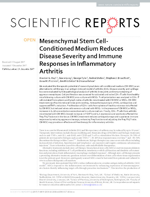 Mesenchymal Stem Cell- Conditioned Medium Reduces Disease Severity and Immune Responses in Inflammatory Arthritis Thumbnail