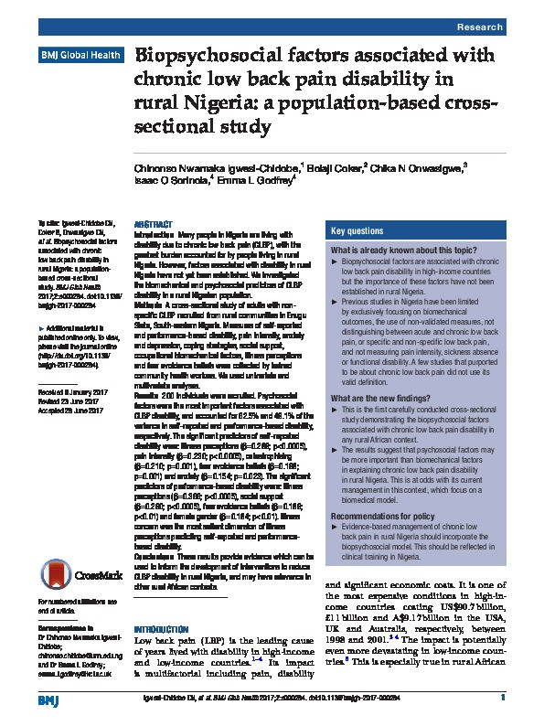 Biopsychosocial factors associated with chronic low back pain disability in rural Nigeria: a population-based cross-sectional study. Thumbnail