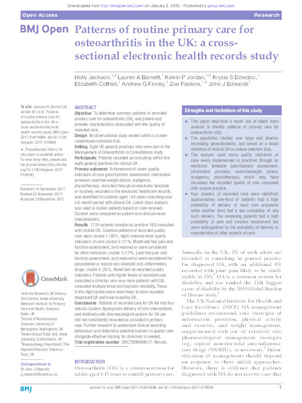 Patterns of routine primary care for osteoarthritis in the UK: a cross-sectional electronic health records study Thumbnail