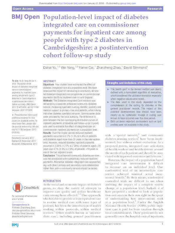 Population-level impact of diabetes integrated care on commissioner payments for inpatient care among people with type 2 diabetes in Cambridgeshire: a postintervention cohort follow-up study Thumbnail