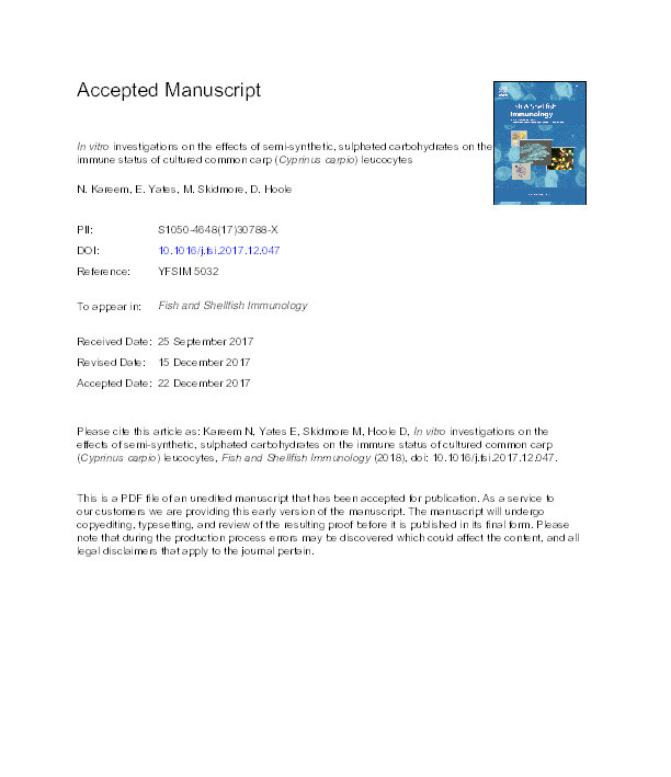 In vitro investigations on the effects of semi-synthetic, sulphated carbohydrates on the immune status of cultured common carp (Cyprinus carpio) leucocytes. Thumbnail