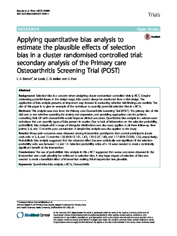 Applying quantitative bias analysis to estimate the plausible effects of selection bias in a cluster randomised controlled trial: secondary analysis of the Primary care Osteoarthritis Screening Trial (POST). Thumbnail