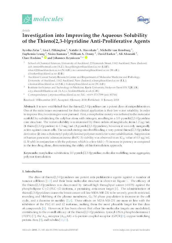 Investigation into Improving the Aqueous Solubility of the Thieno[2,3-b]pyridine Anti-Proliferative Agents Thumbnail