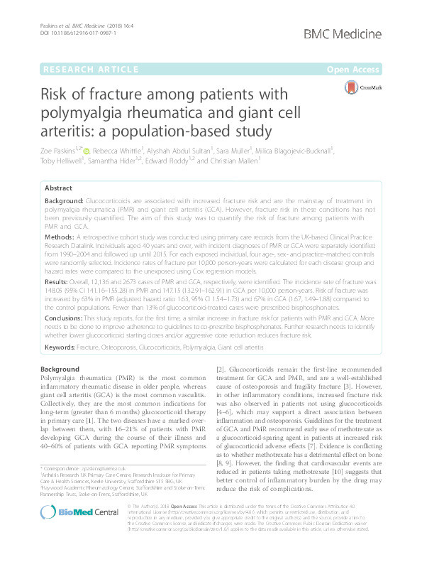 Risk of fracture among patients with polymyalgia rheumatica and giant cell arteritis: a population-based study Thumbnail
