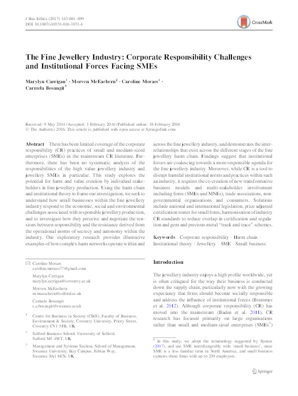 The Fine Jewellery Industry: Corporate Responsibility Challenges and Institutional Forces Facing SMEs Thumbnail
