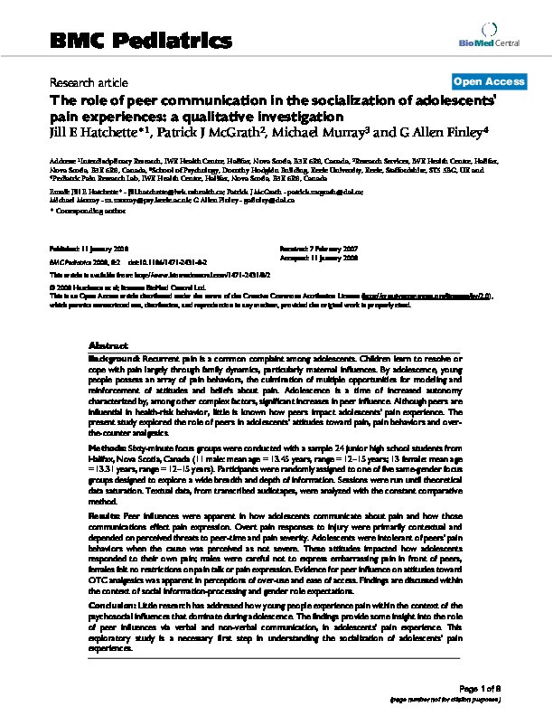 The role of peer communication in the socialization of adolescents' pain experiences: a qualitative investigation. Thumbnail