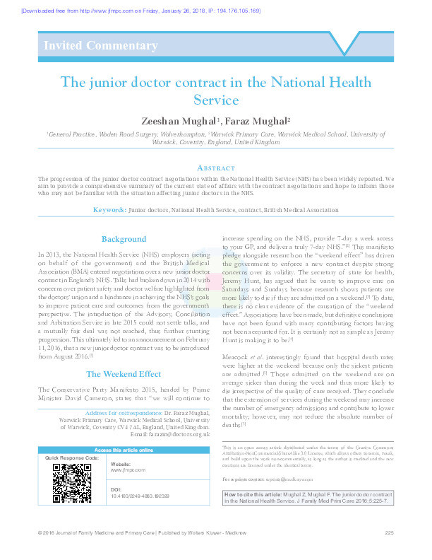The junior doctor contract in the National Health Service. Thumbnail