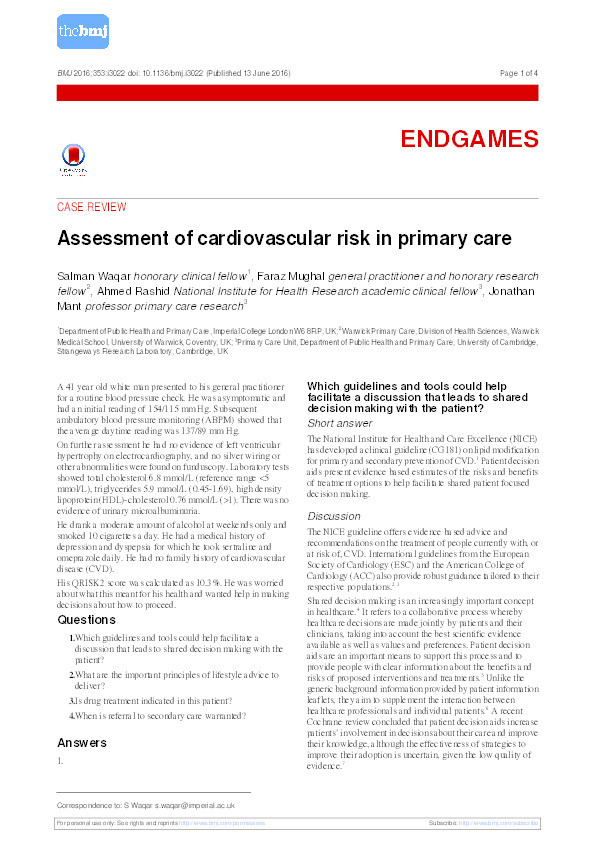 Assessment of cardiovascular risk in primary care. Thumbnail