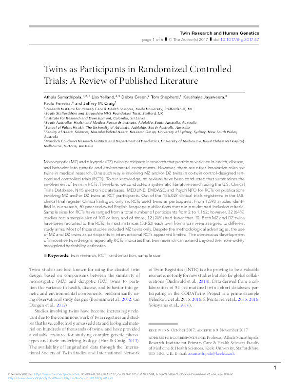 Twins as Participants in Randomized Controlled Trials: A Review of Published Literature Thumbnail