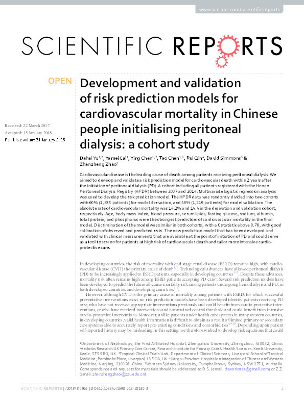 Development and validation of risk prediction models for cardiovascular mortality in Chinese people initialising peritoneal dialysis: a cohort study Thumbnail