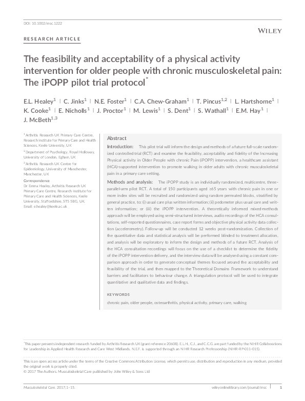 The feasibility and acceptability of a physical activity intervention for older people with chronic musculoskeletal pain: The iPOPP pilot trial protocol Thumbnail