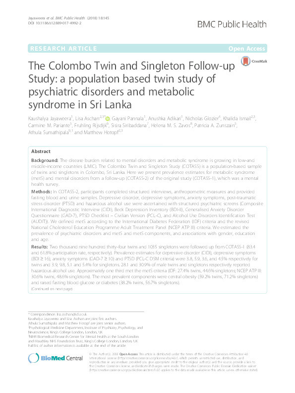 The Colombo Twin and Singleton Follow-up Study: a population based twin study of psychiatric disorders and metabolic syndrome in Sri Lanka Thumbnail
