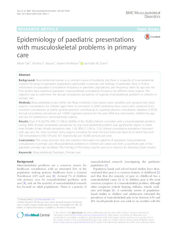 Epidemiology of paediatric presentations with musculoskeletal problems in primary care Thumbnail