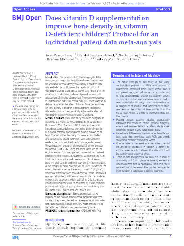 Does vitamin D supplementation improve bone density in vitamin D-deficient children? Protocol for an individual patient data meta-analysis. Thumbnail