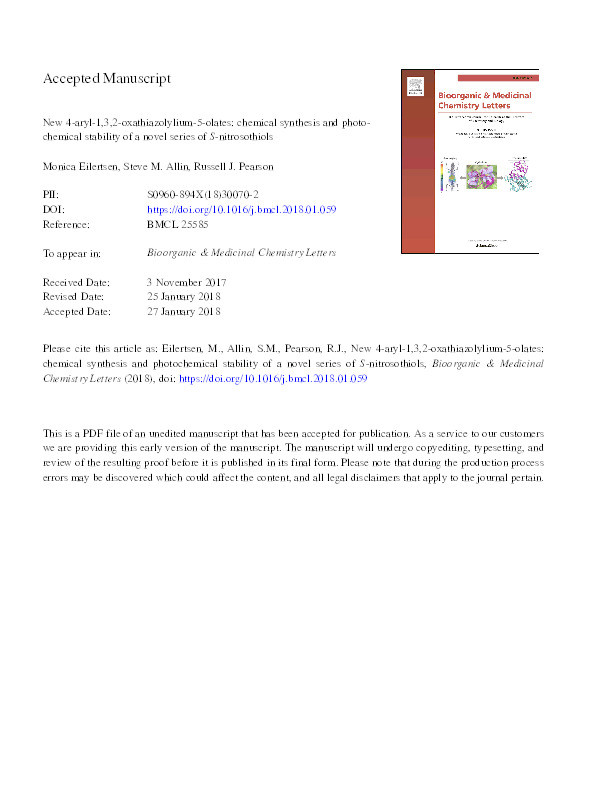 New 4-aryl-1,3,2-oxathiazolylium-5-olates: chemical synthesis and photochemical stability of a novel series of S-nitrosothiols Thumbnail