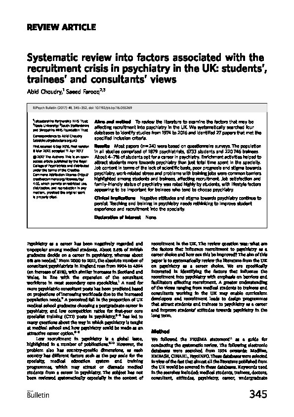 Systematic review into factors associated with the recruitment crisis in psychiatry in the UK: students', trainees' and consultants' views. Thumbnail