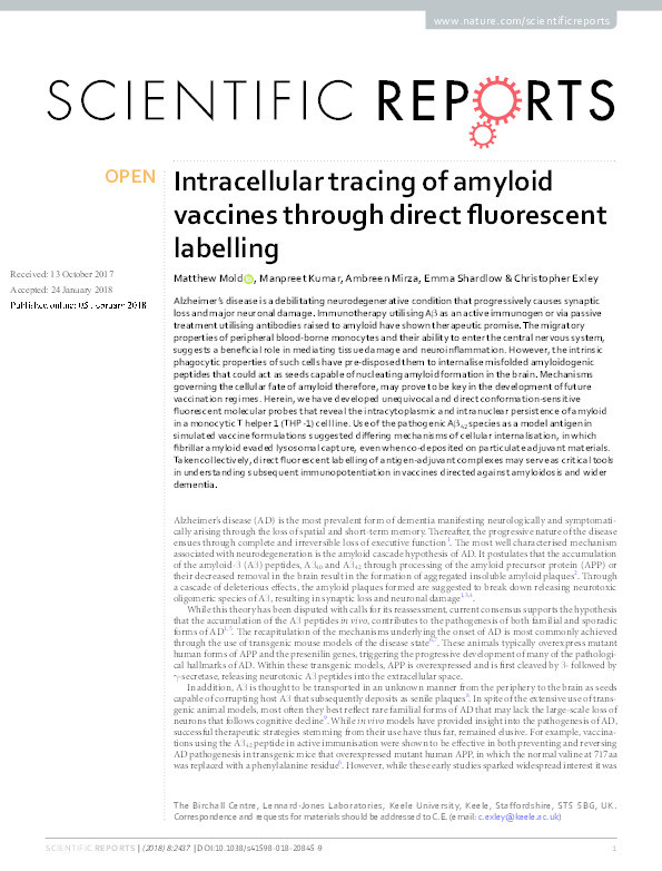 Intracellular tracing of amyloid vaccines through direct fluorescent labelling. Thumbnail