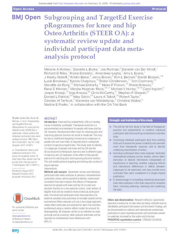 Subgrouping and TargetEd Exercise pRogrammes for knee and hip OsteoArthritis (STEER OA): a systematic review update and individual participant data meta-analysis protocol. Thumbnail