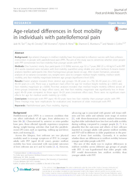 Age-related differences in foot mobility in individuals with patellofemoral pain Thumbnail