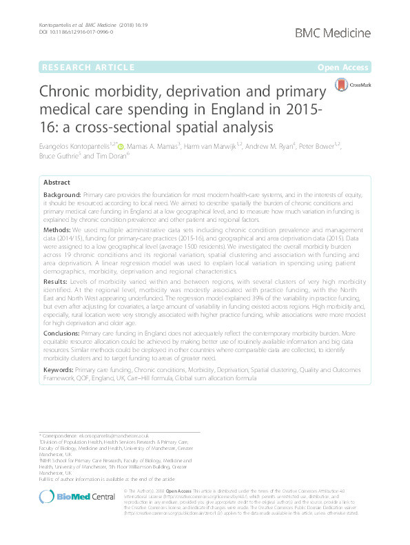 Chronic morbidity, deprivation and primary medical care spending in England in 2015-16: a cross-sectional spatial analysis Thumbnail