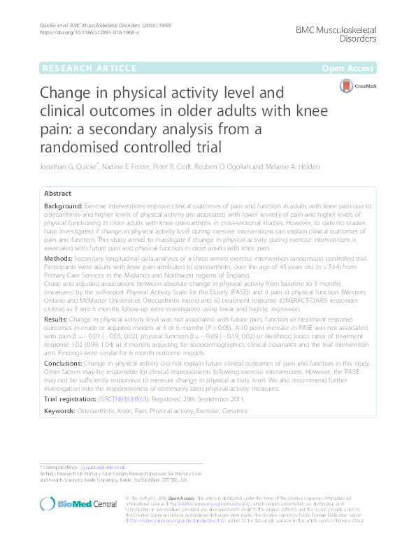 Change in physical activity level and clinical outcomes in older adults with knee pain: a secondary analysis from a randomised controlled trial Thumbnail