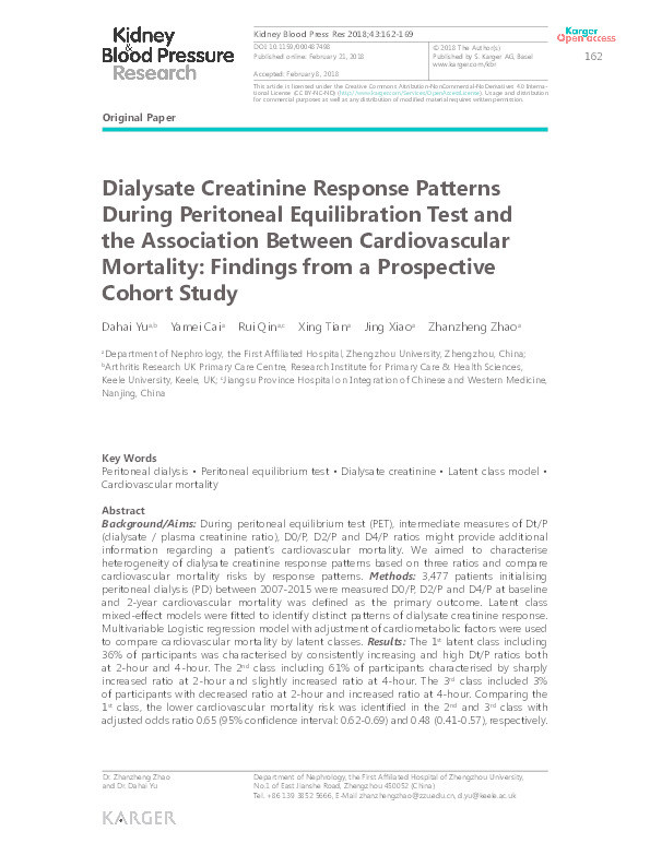 Dialysate Creatinine Response Patterns During Peritoneal Equilibration Test and the Association Between Cardiovascular Mortality: Findings from a Prospective Cohort Study. Thumbnail