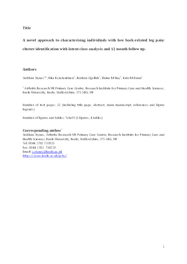 Novel approach to characterising individuals with low back-related leg pain: cluster identification with latent class analysis and 12-month follow-up. Thumbnail
