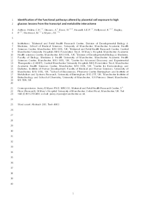 Identification of the functional pathways altered by placental cell exposure to high glucose: lessons from the transcript and metabolite interactome Thumbnail