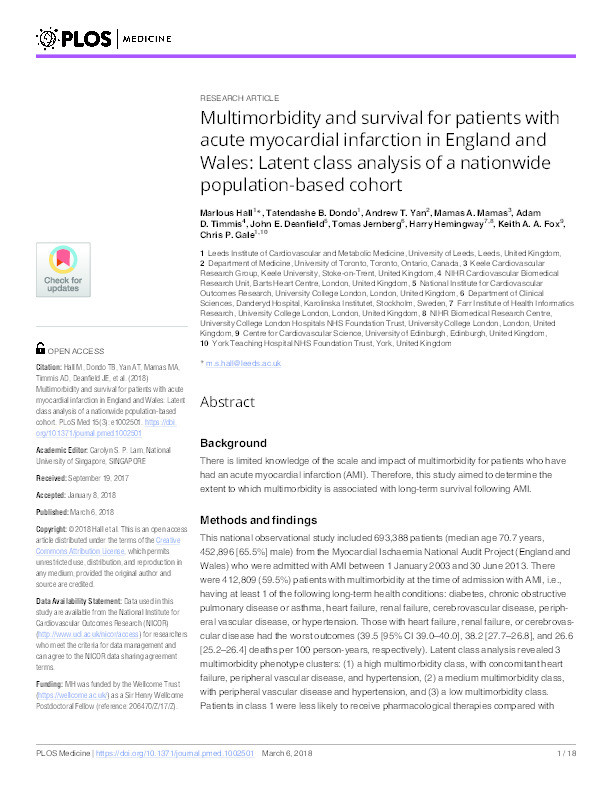 Multimorbidity and survival for patients with acute myocardial infarction in England and Wales: Latent class analysis of a nationwide population-based cohort Thumbnail