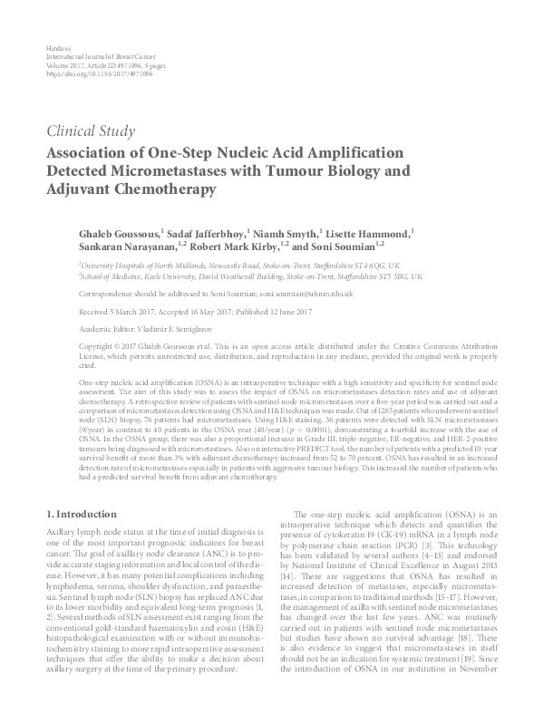 Association of One-Step Nucleic Acid Amplification Detected Micrometastases with Tumour Biology and Adjuvant Chemotherapy. Thumbnail