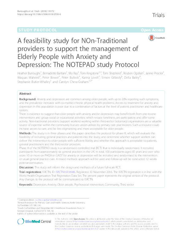 A feasibility study for NOn-Traditional providers to support the management of Elderly People with Anxiety and Depression: The NOTEPAD study Protocol Thumbnail