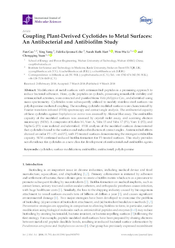 Coupling Plant-Derived Cyclotides to Metal Surfaces: An Antibacterial and Antibiofilm Study Thumbnail