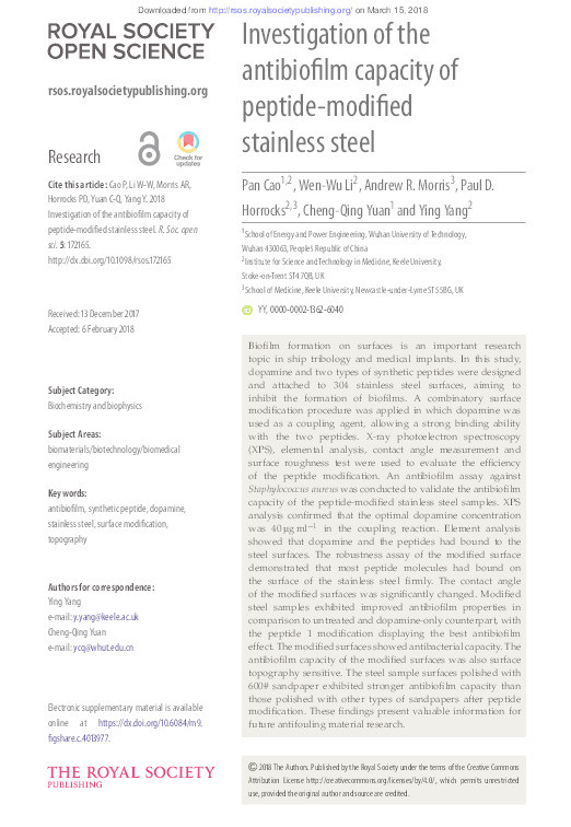 Investigation of the antibiofilm capacity of peptide-modified stainless steel Thumbnail