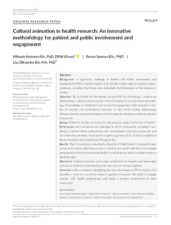 Cultural animation in health research: An innovative methodology for patient and public involvement and engagement Thumbnail