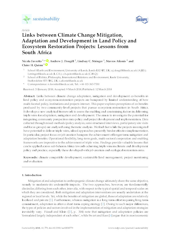 Links between Climate Change Mitigation, Adaptation and Development in Land Policy and Ecosystem Restoration Projects: Lessons from South Africa Thumbnail