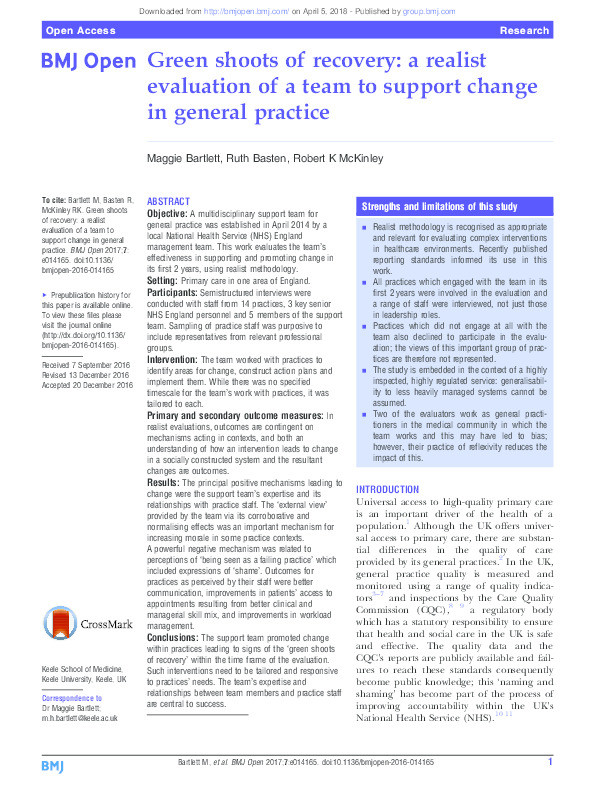 The Green Shoots of Recovery: a realist evaluation of a team to support change in general practice Thumbnail