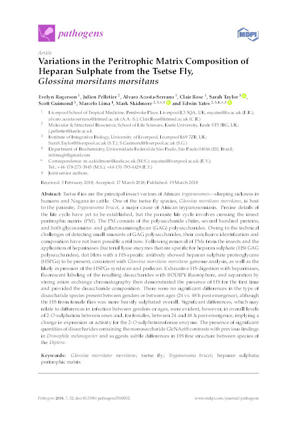 Variations in the Peritrophic Matrix Composition of Heparan Sulphate from the Tsetse Fly, Glossina morsitans morsitans Thumbnail