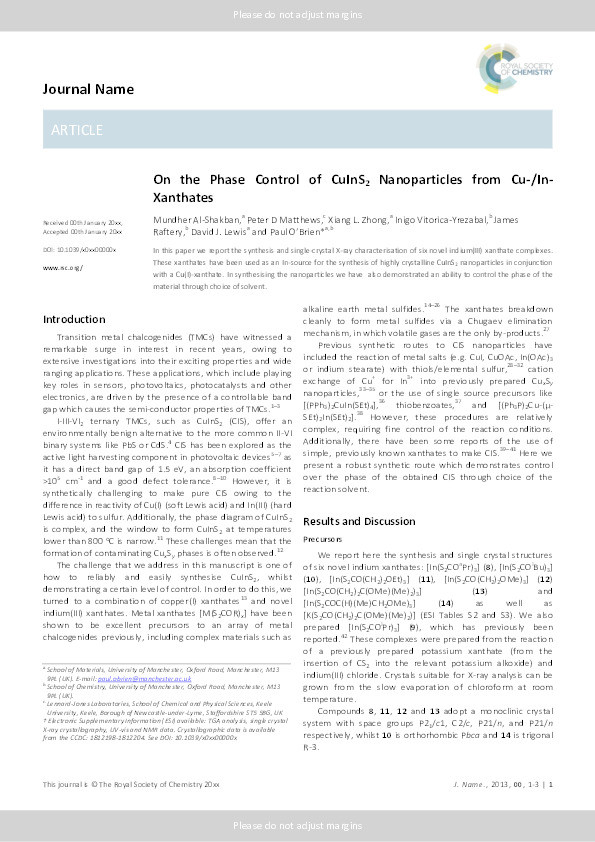 On the Phase Control of CuInS2 Nanoparticles from Cu-/In-Xanthates Thumbnail