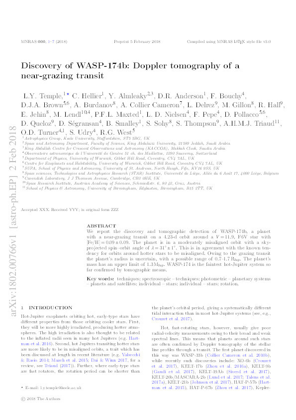 Discovery of WASP-174b: Doppler tomography of a near-grazing transit Thumbnail